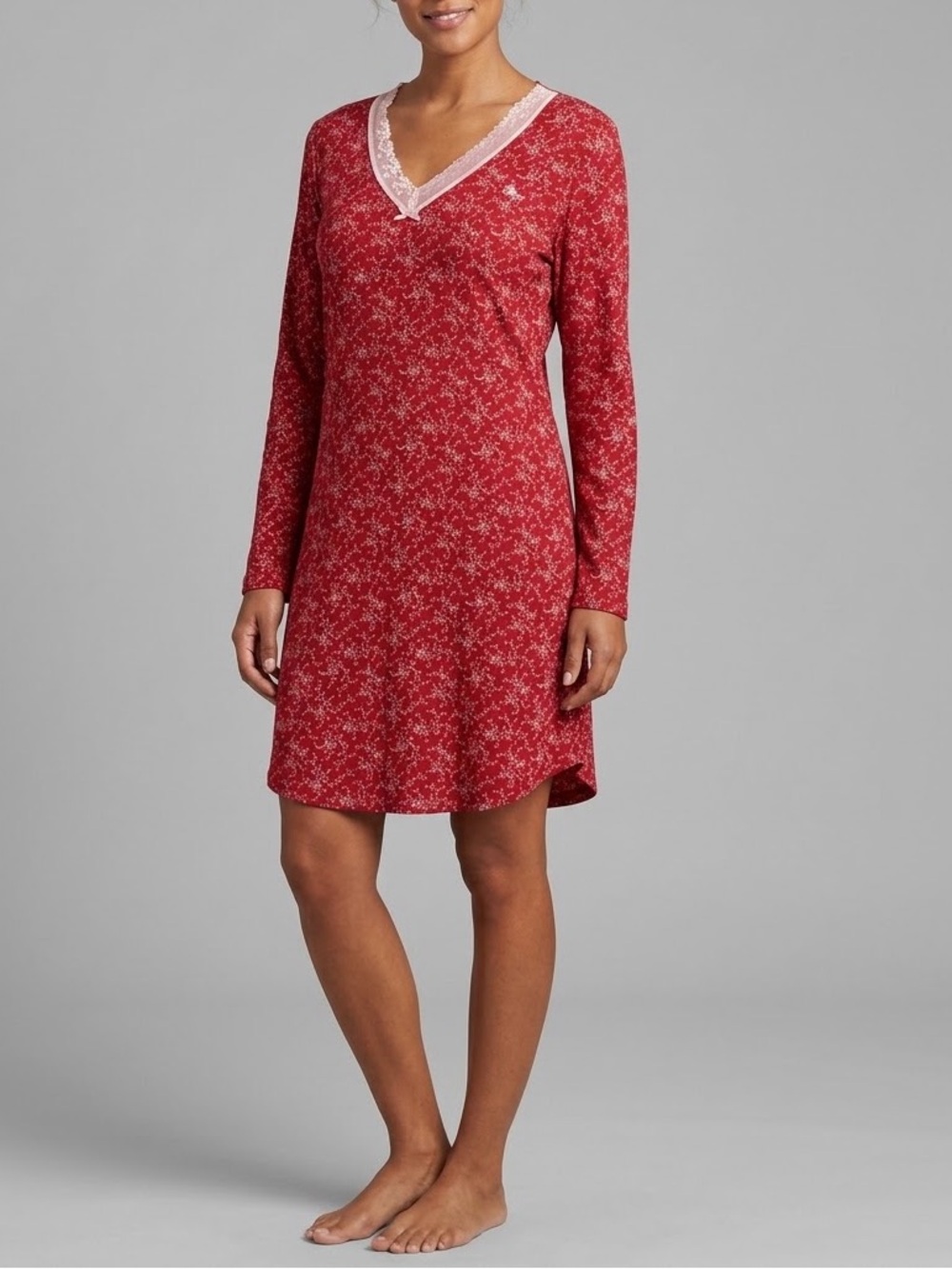 Chaps Red Long-Sleeve Nightshirt with Cream Lace V-Neck